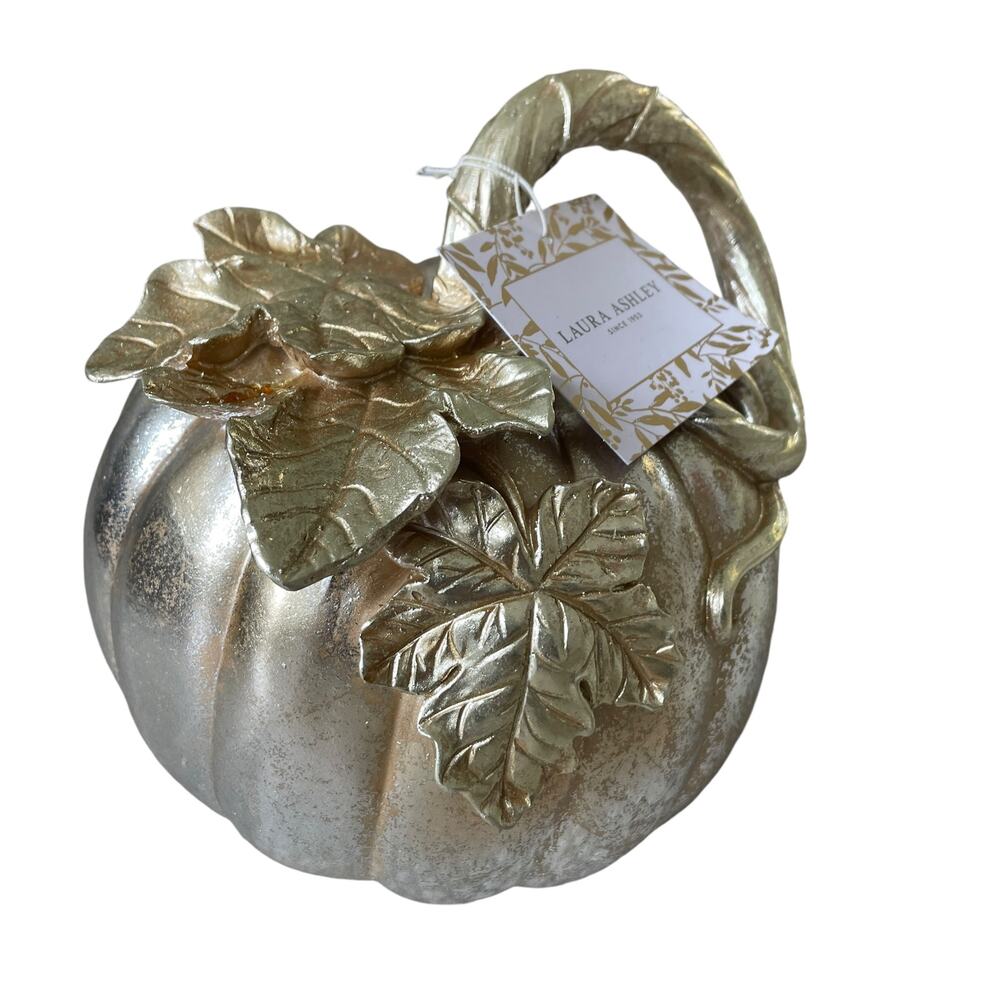 Laura Ashley Metallic Silver PUMPKIN With 3D Gold Leaf Detail 9" Fall Decor NEW